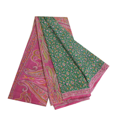 Sanskriti Vintage Sarees Green/Pink Pure Silk Printed Sari Soft 5yd Craft Sustainable Fabric