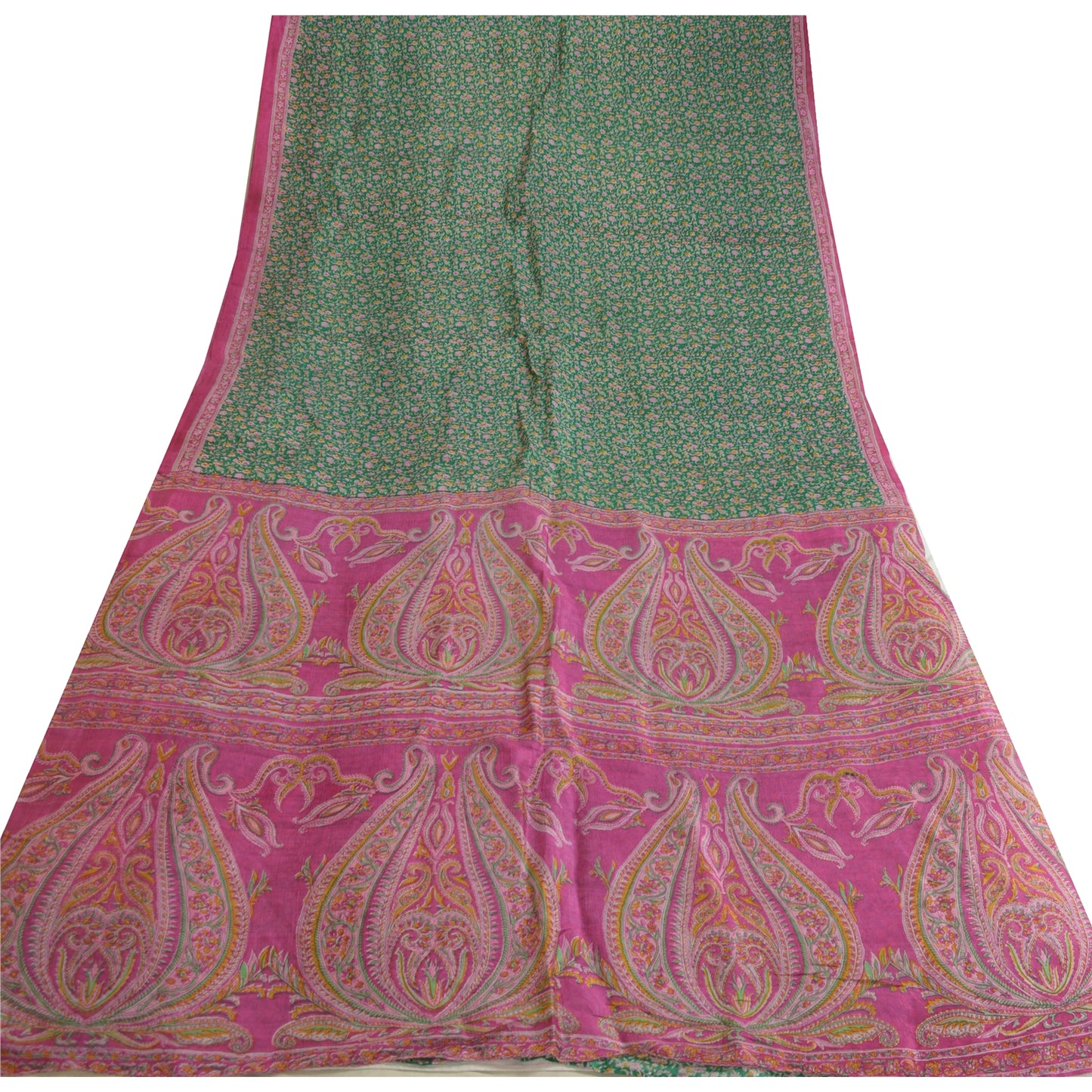 Sanskriti Vintage Sarees Green/Pink Pure Silk Printed Sari Soft 5yd Craft Sustainable Fabric