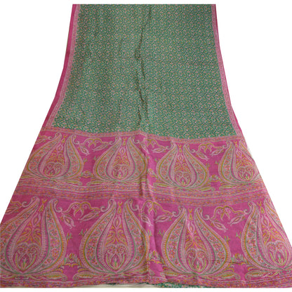 Sanskriti Vintage Sarees Green/Pink Pure Silk Printed Sari Soft 5yd Craft Sustainable Fabric