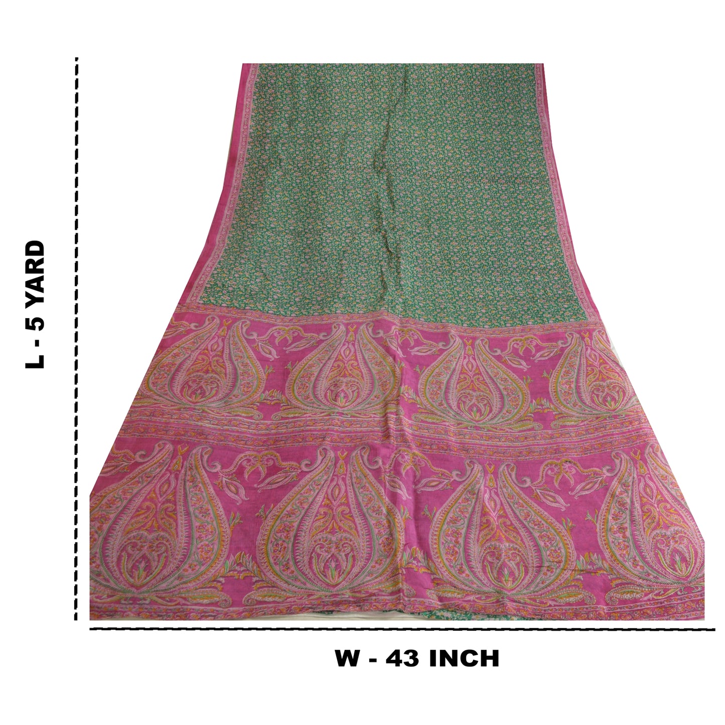 Sanskriti Vintage Sarees Green/Pink Pure Silk Printed Sari Soft 5yd Craft Sustainable Fabric