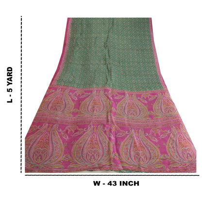 Sanskriti Vintage Sarees Green/Pink Pure Silk Printed Sari Soft 5yd Craft Sustainable Fabric