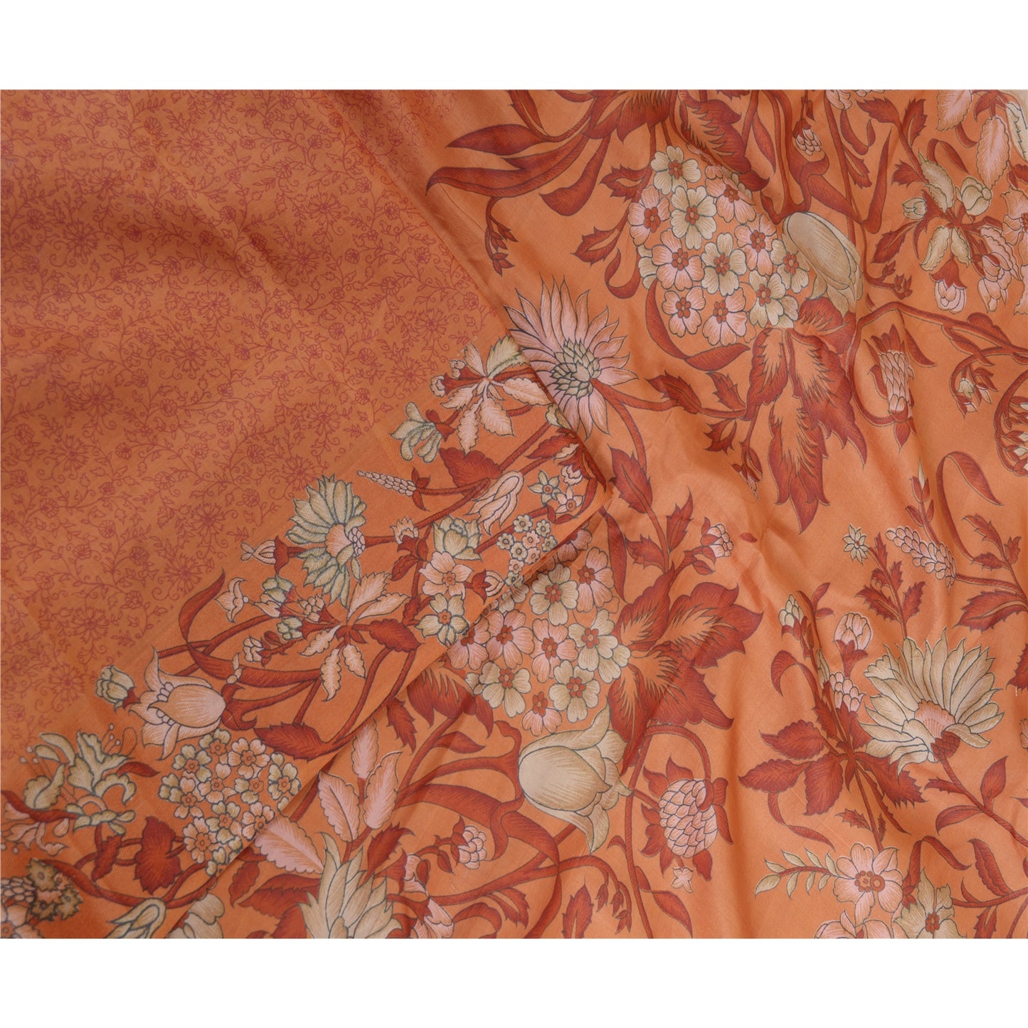 Sanskriti Vintage Sarees Orange Printed 100% Pure Silk Sari Floral Craft Sustainable Fabric