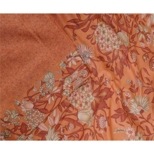 Sanskriti Vintage Sarees Orange Printed 100% Pure Silk Sari Floral Craft Sustainable Fabric