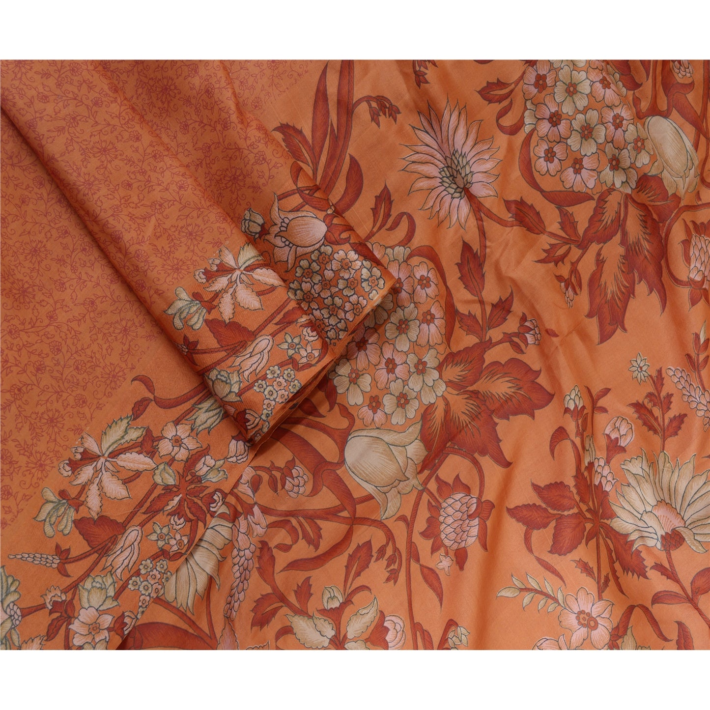 Sanskriti Vintage Sarees Orange Printed 100% Pure Silk Sari Floral Craft Sustainable Fabric