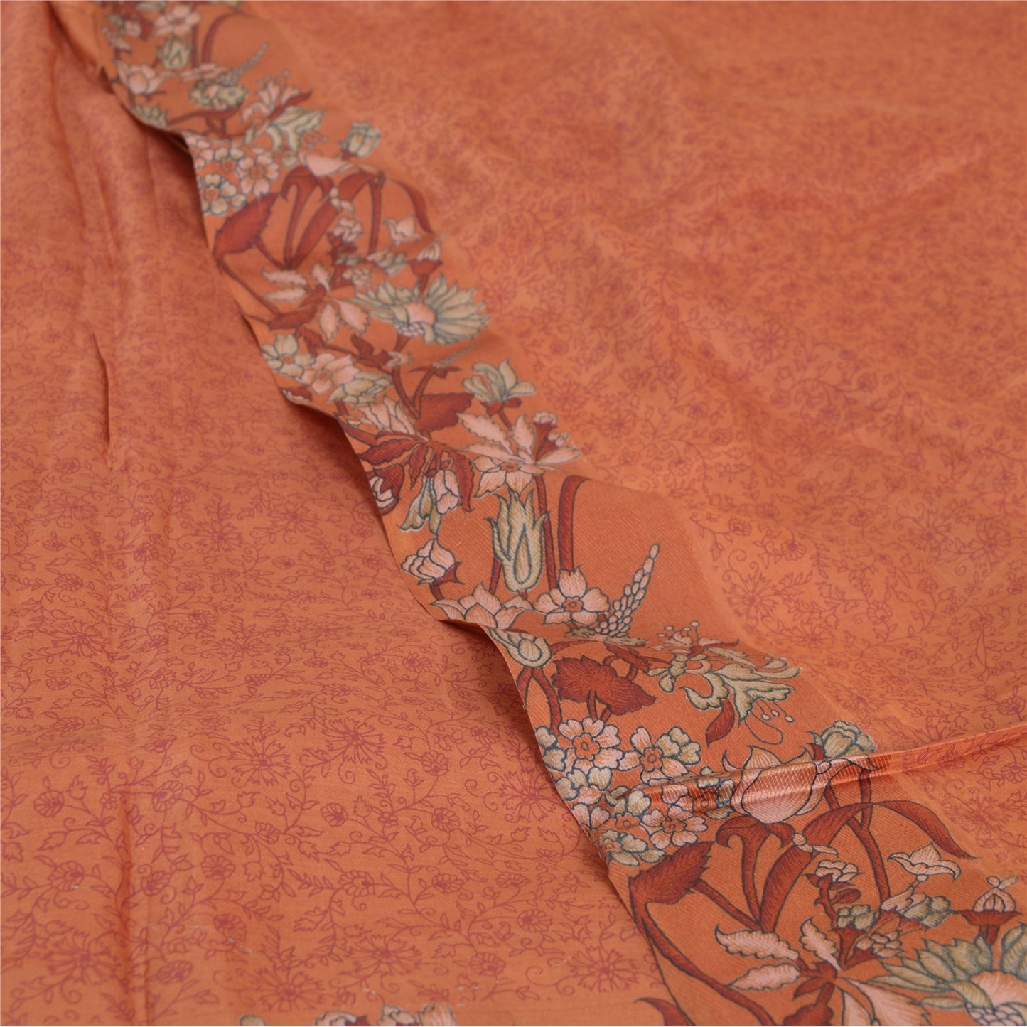 Sanskriti Vintage Sarees Orange Printed 100% Pure Silk Sari Floral Craft Sustainable Fabric