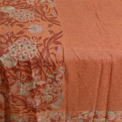 Sanskriti Vintage Sarees Orange Printed 100% Pure Silk Sari Floral Craft Sustainable Fabric