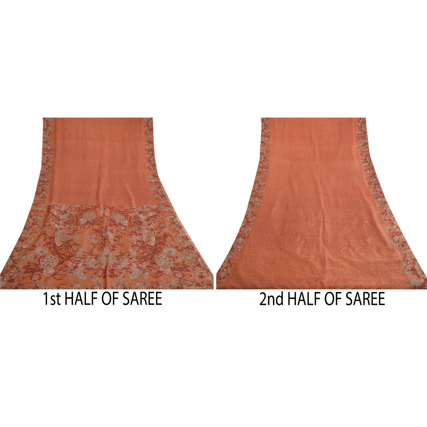 Sanskriti Vintage Sarees Orange Printed 100% Pure Silk Sari Floral Craft Sustainable Fabric