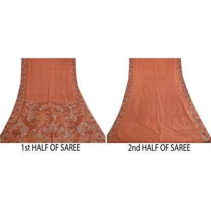 Sanskriti Vintage Sarees Orange Printed 100% Pure Silk Sari Floral Craft Sustainable Fabric