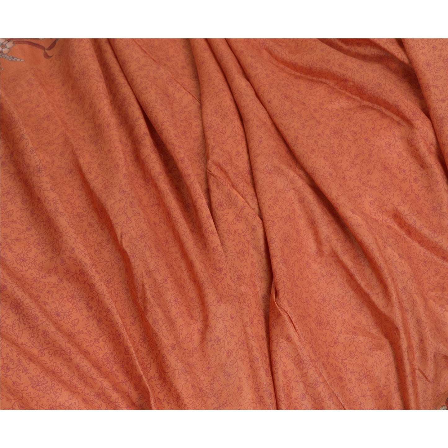 Sanskriti Vintage Sarees Orange Printed 100% Pure Silk Sari Floral Craft Sustainable Fabric