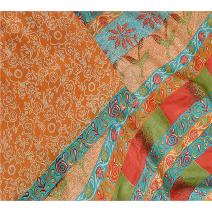 Sanskriti Vintage Sarees Indian Orange 100% Pure Silk Sari Printed Craft Sustainable Fabric