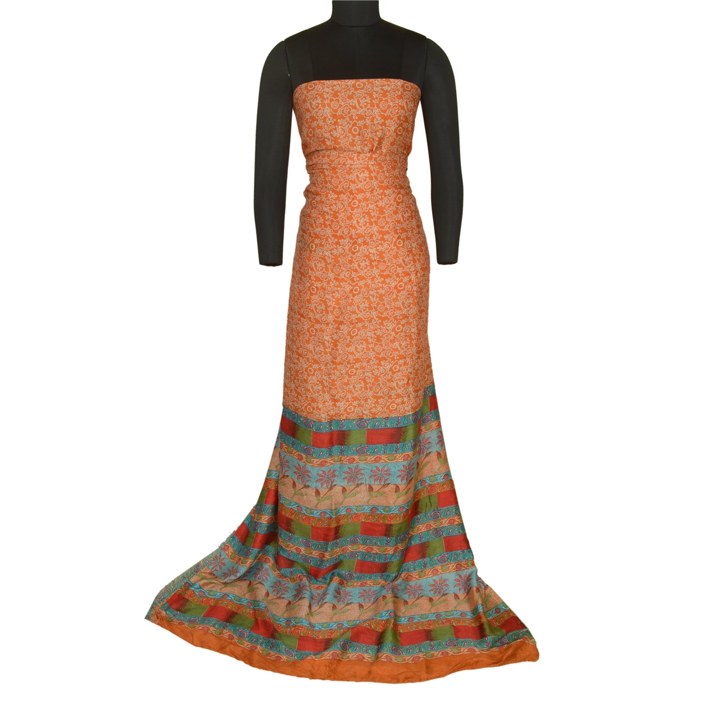 Sanskriti Vintage Sarees Indian Orange 100% Pure Silk Sari Printed Craft Sustainable Fabric