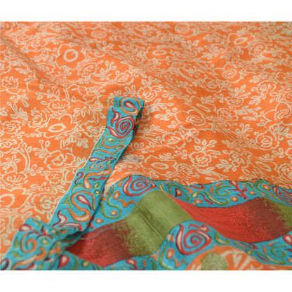 Sanskriti Vintage Sarees Indian Orange 100% Pure Silk Sari Printed Craft Sustainable Fabric