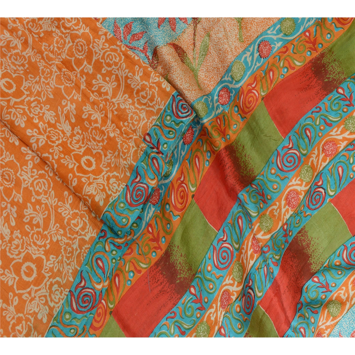 Sanskriti Vintage Sarees Indian Orange 100% Pure Silk Sari Printed Craft Sustainable Fabric
