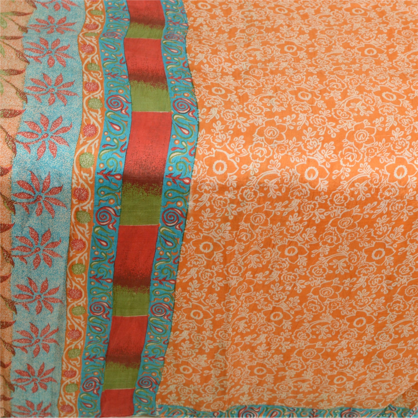Sanskriti Vintage Sarees Indian Orange 100% Pure Silk Sari Printed Craft Sustainable Fabric