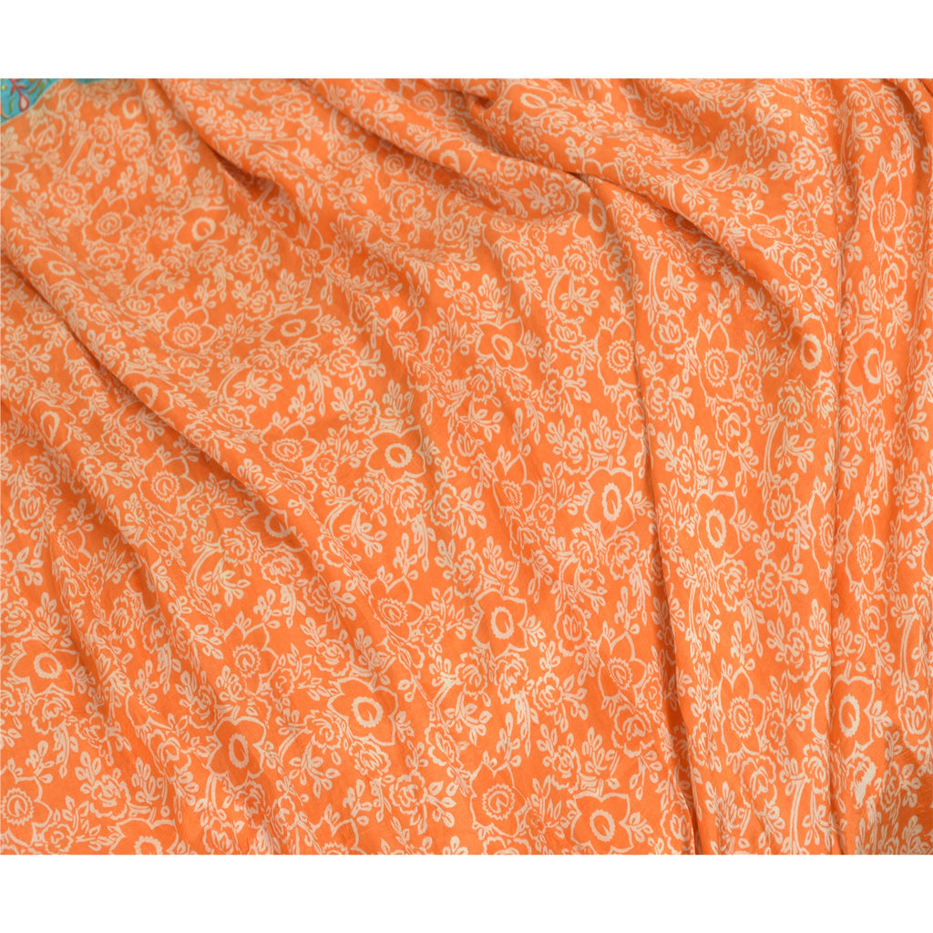 Sanskriti Vintage Sarees Indian Orange 100% Pure Silk Sari Printed Craft Sustainable Fabric