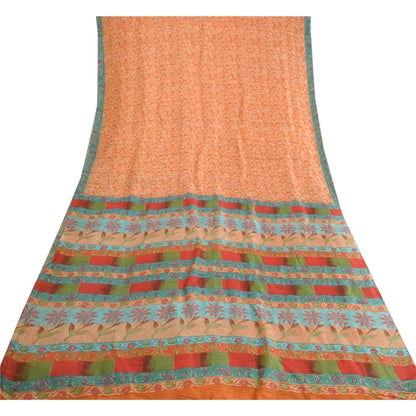 Sanskriti Vintage Sarees Indian Orange 100% Pure Silk Sari Printed Craft Sustainable Fabric