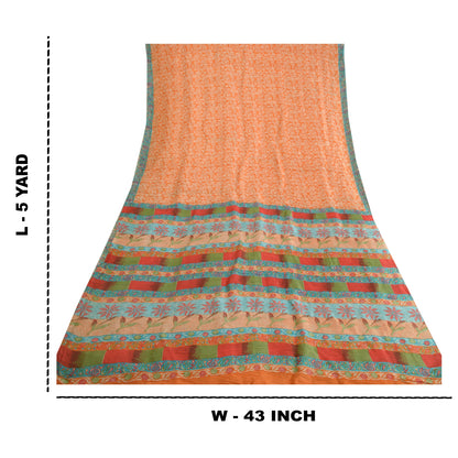 Sanskriti Vintage Sarees Indian Orange 100% Pure Silk Sari Printed Craft Sustainable Fabric