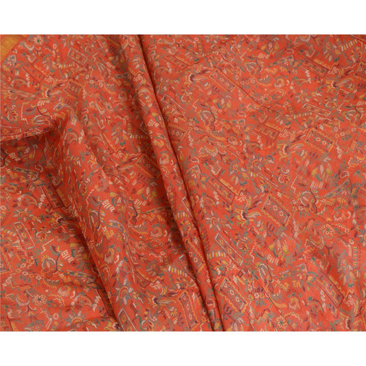 Sanskriti Vintage Sarees Orange Zari Border Pure Silk Printed Sari Craft Sustainable Fabric