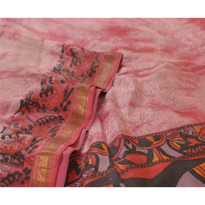 Sanskriti Vintage Sarees Red TieDye Printed Pure Silk Sari Soft 5yd Craft Sustainable Fabric