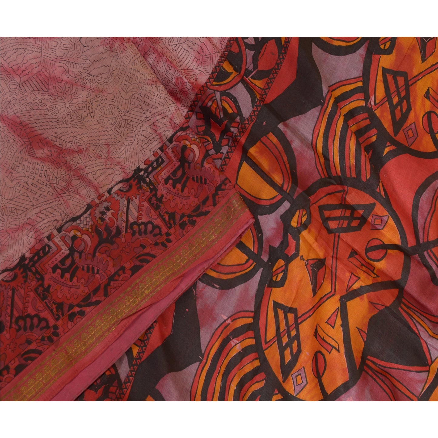 Sanskriti Vintage Sarees Red TieDye Printed Pure Silk Sari Soft 5yd Craft Sustainable Fabric