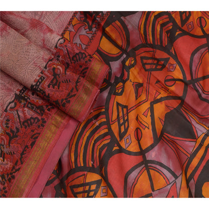 Sanskriti Vintage Sarees Red TieDye Printed Pure Silk Sari Soft 5yd Craft Sustainable Fabric