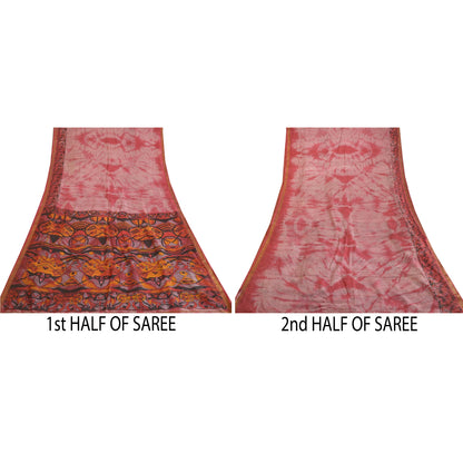 Sanskriti Vintage Sarees Red TieDye Printed Pure Silk Sari Soft 5yd Craft Sustainable Fabric