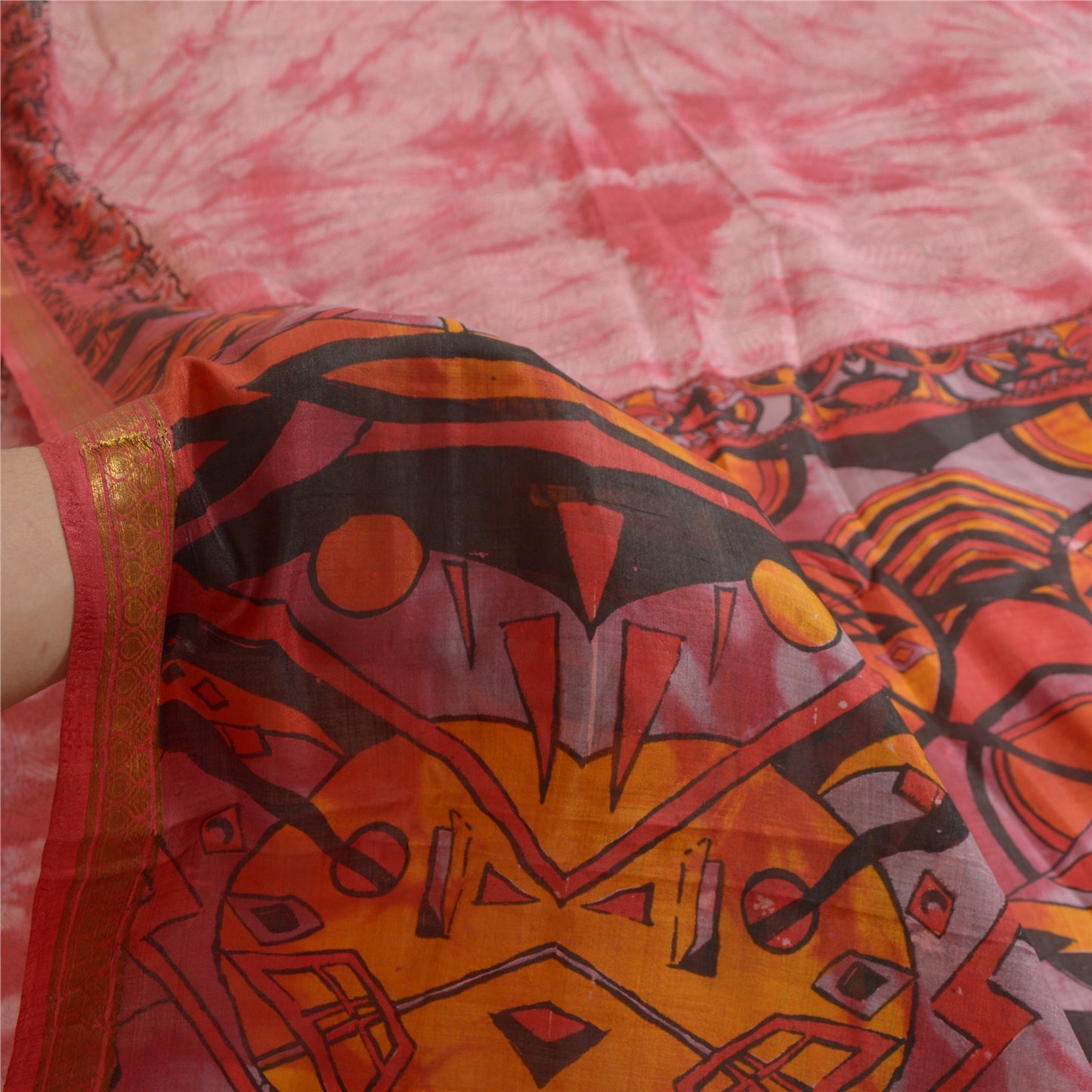 Sanskriti Vintage Sarees Red TieDye Printed Pure Silk Sari Soft 5yd Craft Sustainable Fabric