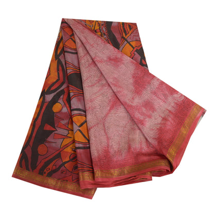 Sanskriti Vintage Sarees Red TieDye Printed Pure Silk Sari Soft 5yd Craft Sustainable Fabric