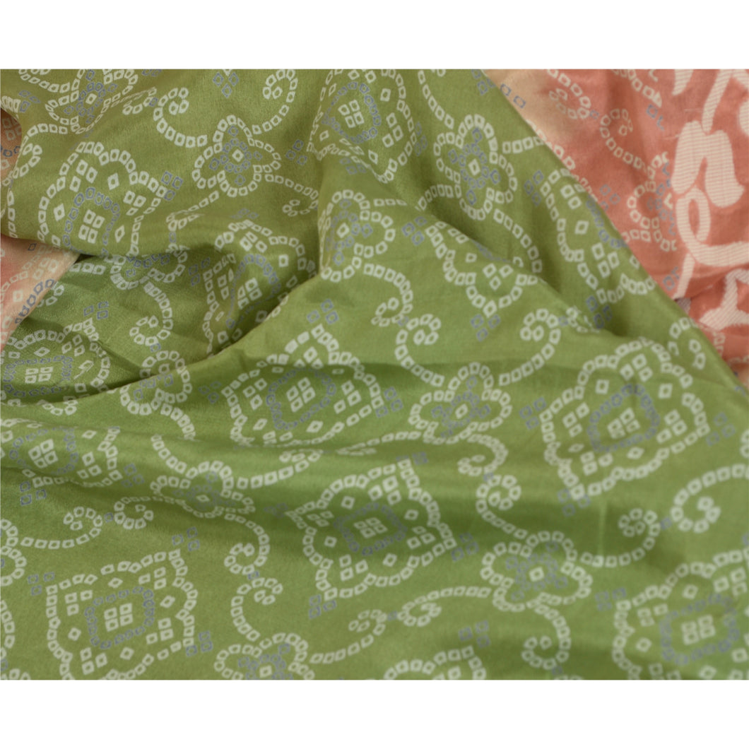 Sanskriti Vintage Sarees Green/Pink Pure Silk Bandhani Printed Sari Craft Fabric