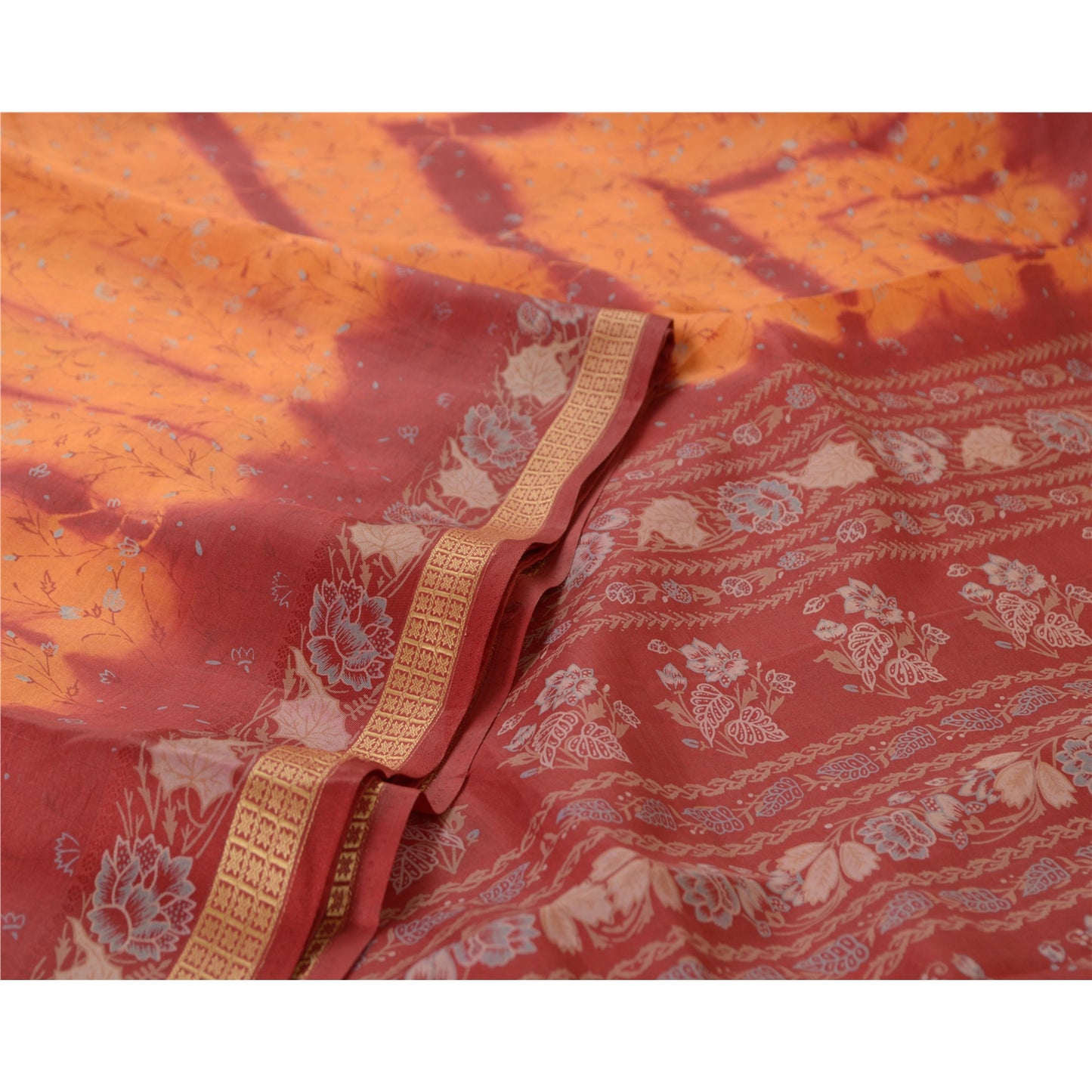 Sanskriti Vintage Sarees Saffron/Red Tie-Dye Printed Pure Silk Sari Craft Sustainable Fabric