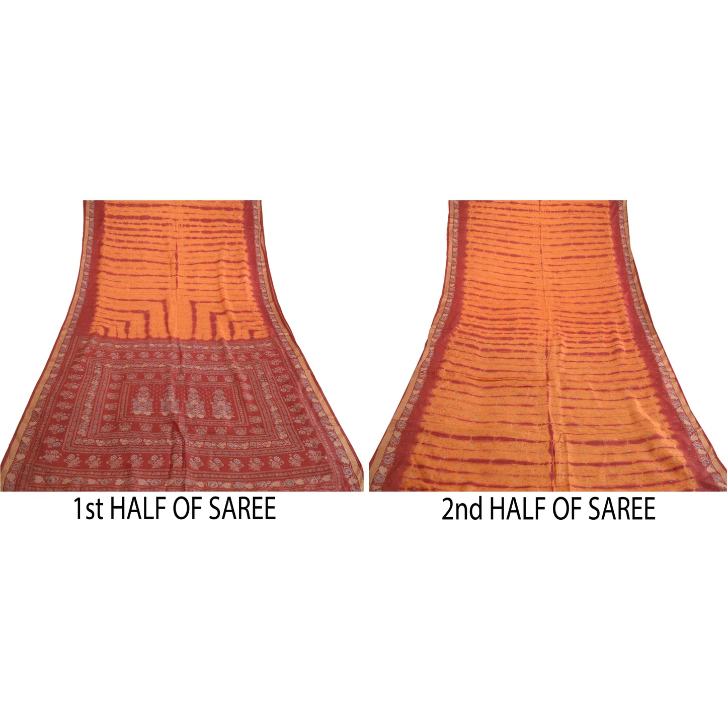 Sanskriti Vintage Sarees Saffron/Red Tie-Dye Printed Pure Silk Sari Craft Sustainable Fabric