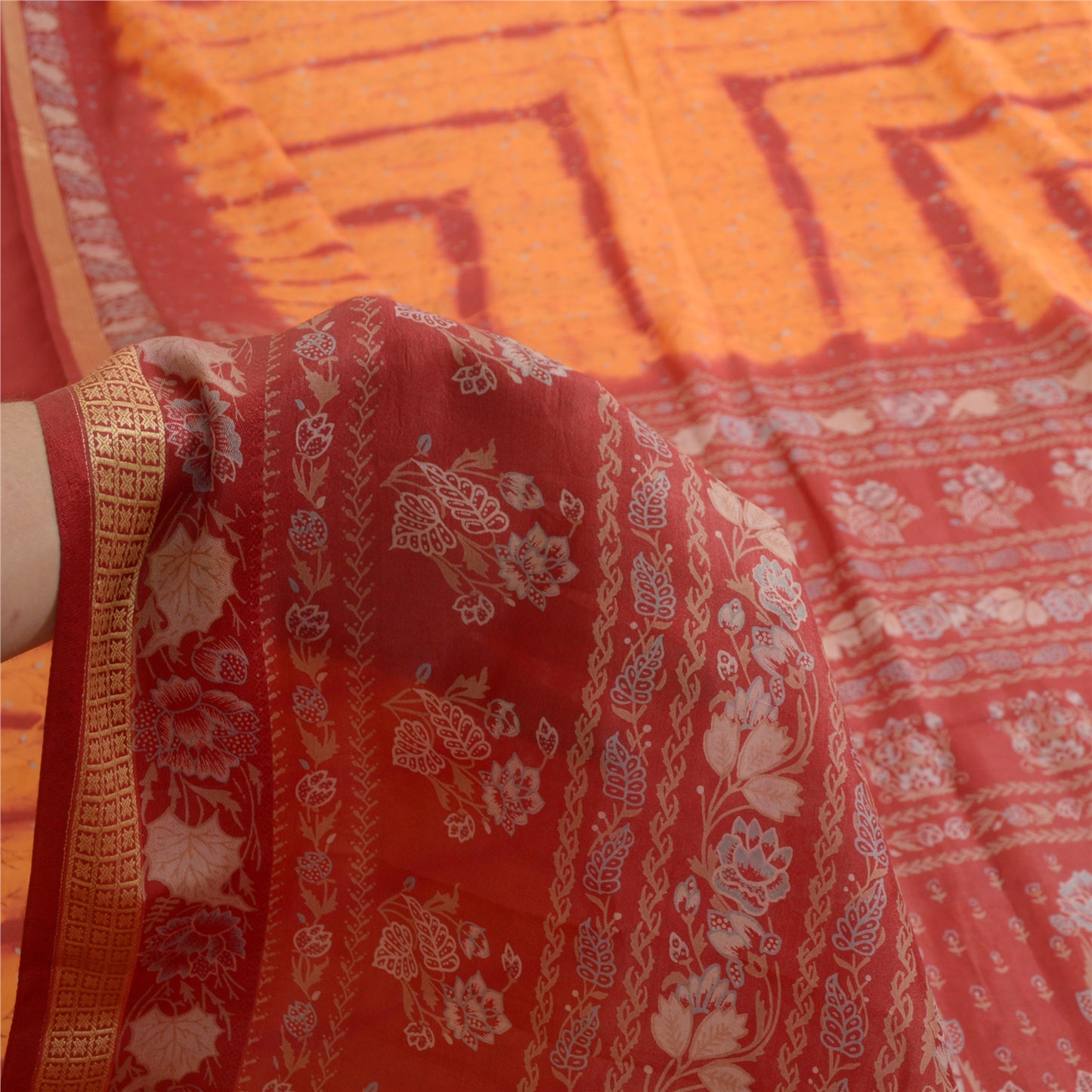 Sanskriti Vintage Sarees Saffron/Red Tie-Dye Printed Pure Silk Sari Craft Sustainable Fabric