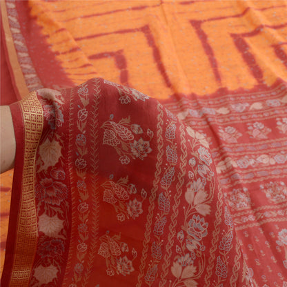 Sanskriti Vintage Sarees Saffron/Red Tie-Dye Printed Pure Silk Sari Craft Sustainable Fabric