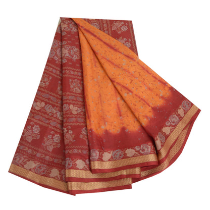 Sanskriti Vintage Sarees Saffron/Red Tie-Dye Printed Pure Silk Sari Craft Sustainable Fabric