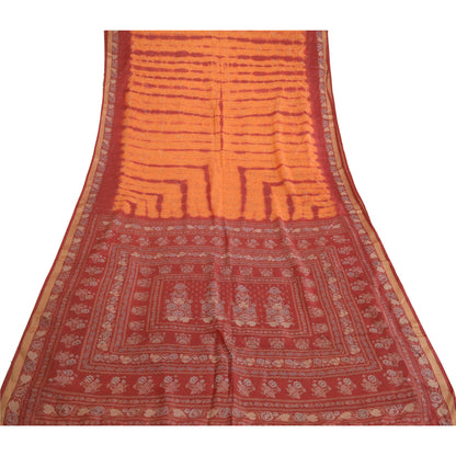 Sanskriti Vintage Sarees Saffron/Red Tie-Dye Printed Pure Silk Sari Craft Sustainable Fabric