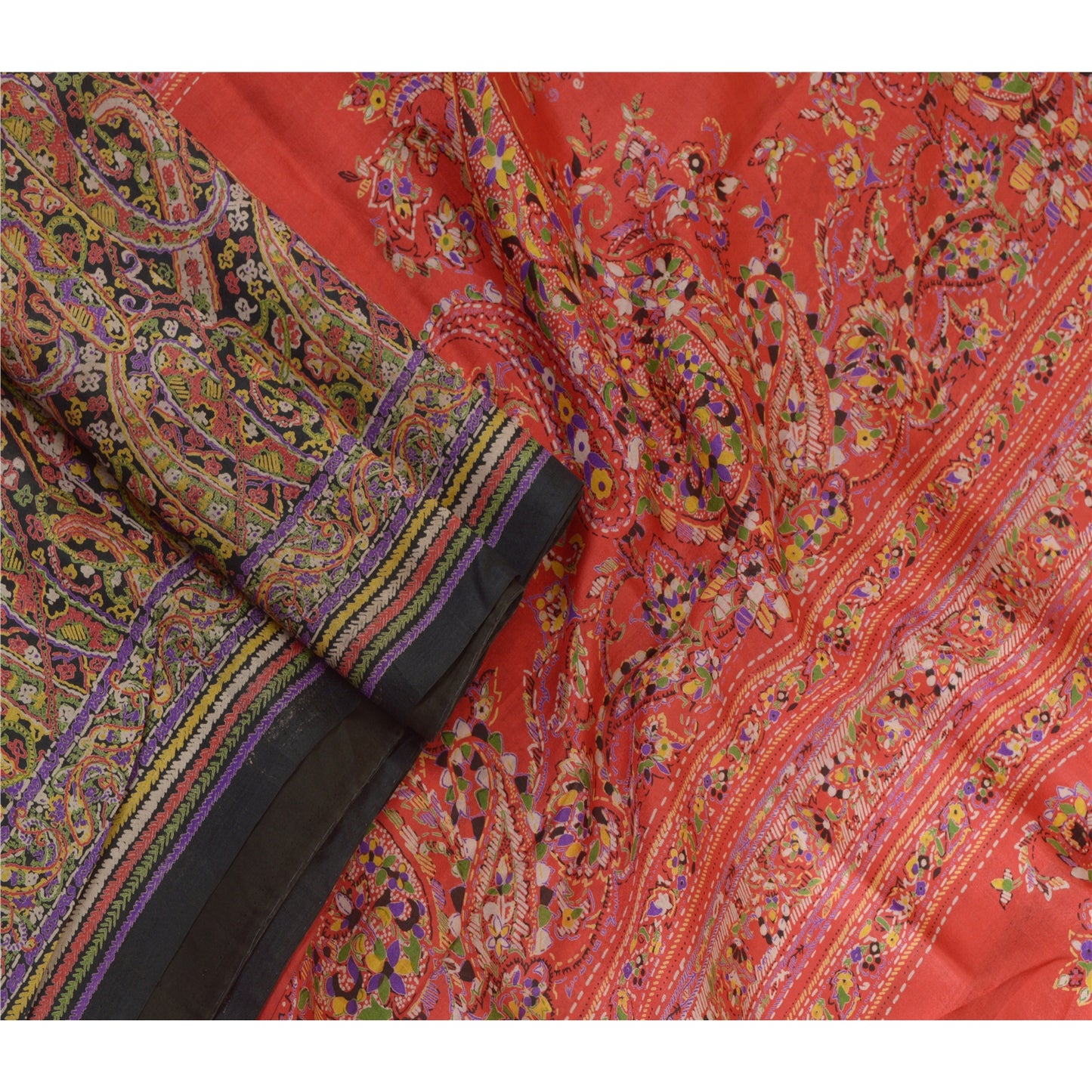 Sanskriti Vintage Sarees Black/Red Printed Pure Silk Sari 5yd Soft Craft Sustainable Fabric