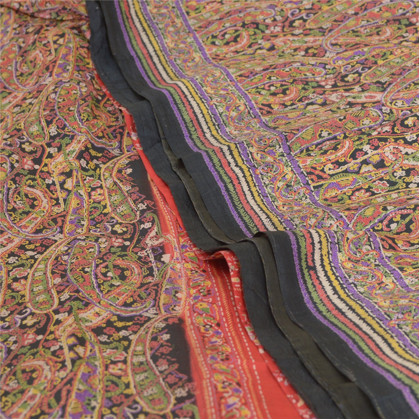 Sanskriti Vintage Sarees Black/Red Printed Pure Silk Sari 5yd Soft Craft Sustainable Fabric