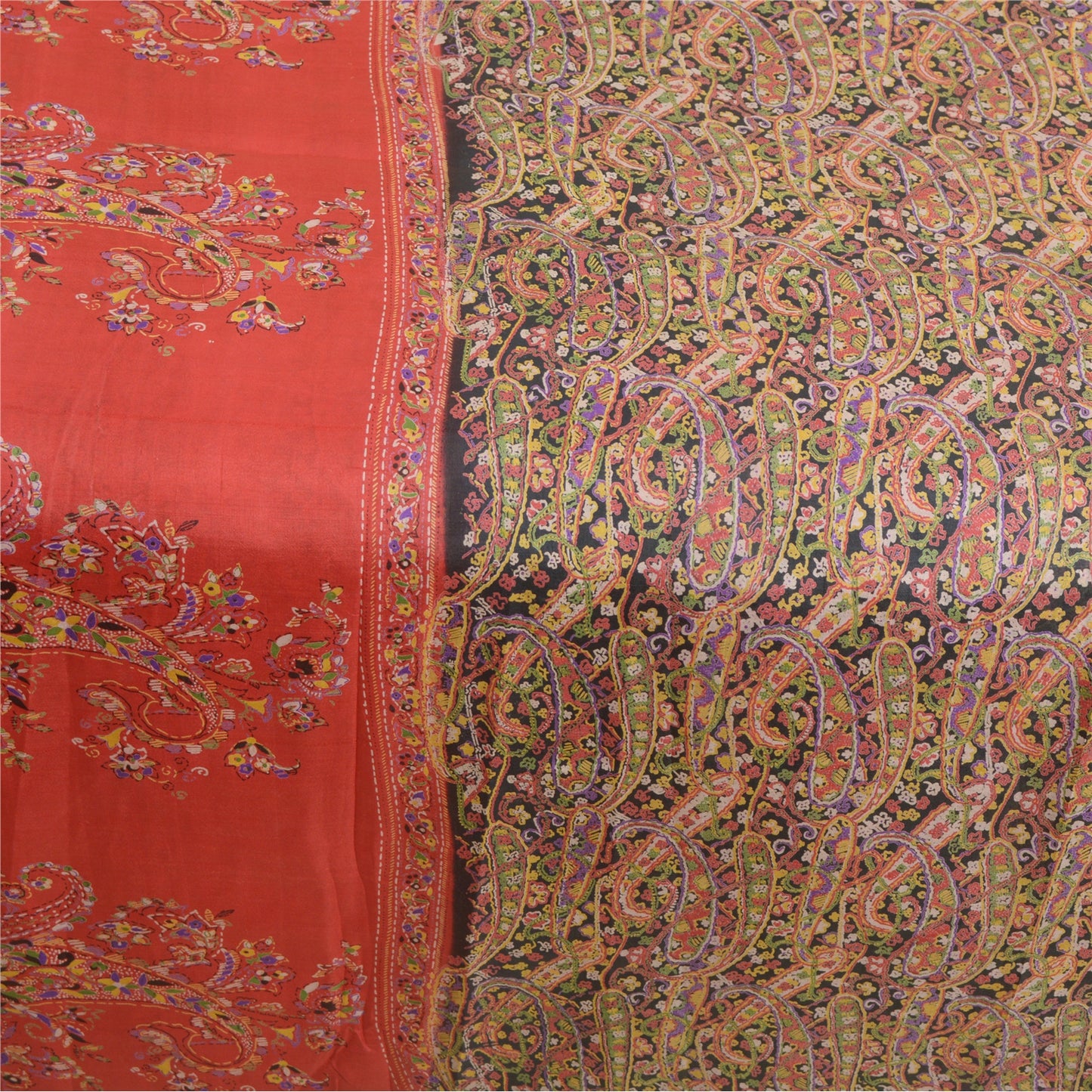 Sanskriti Vintage Sarees Black/Red Printed Pure Silk Sari 5yd Soft Craft Sustainable Fabric