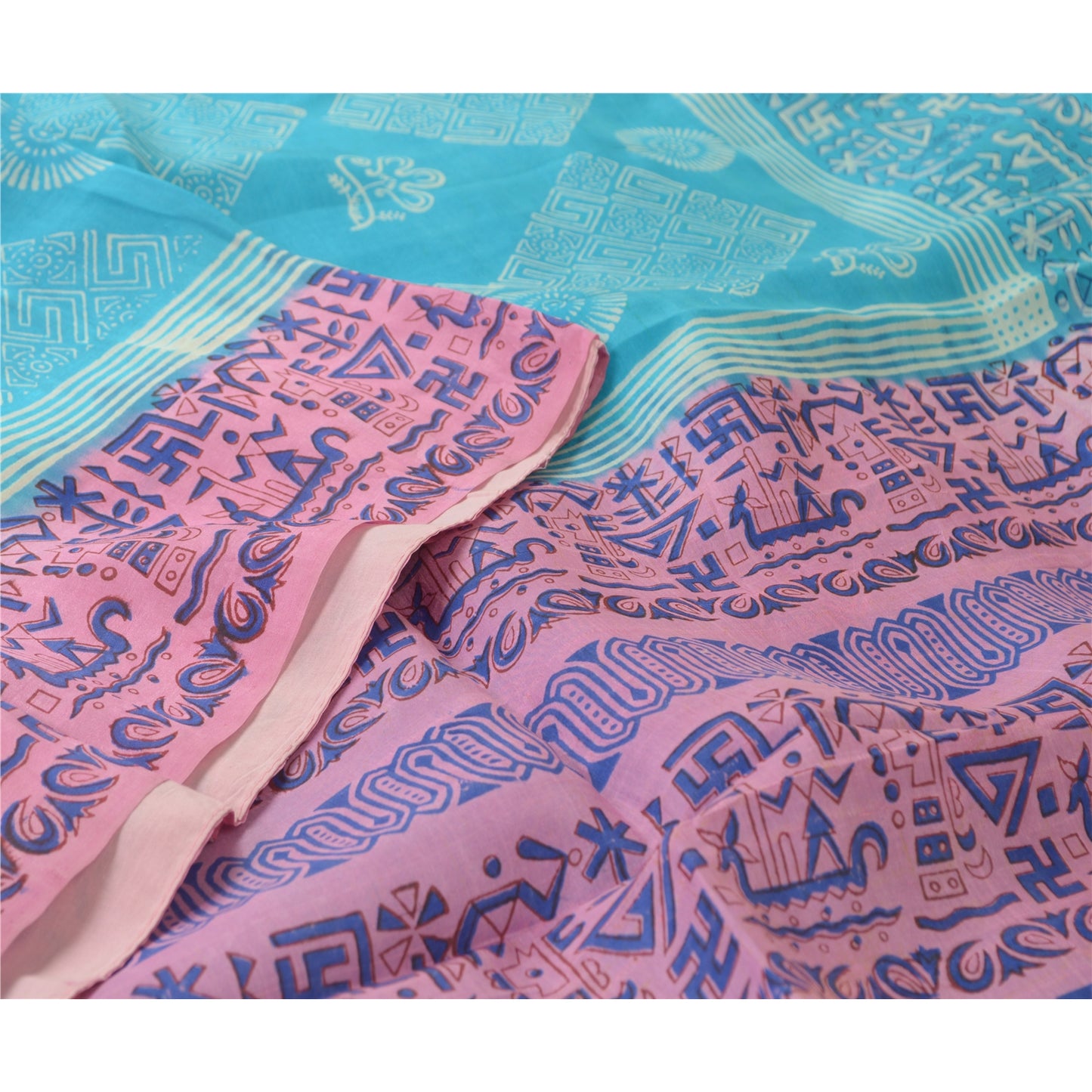 Sanskriti Vintage Sarees Blue/Pink Printed Pure Silk Sari Soft 5yd Craft Sustainable Fabric