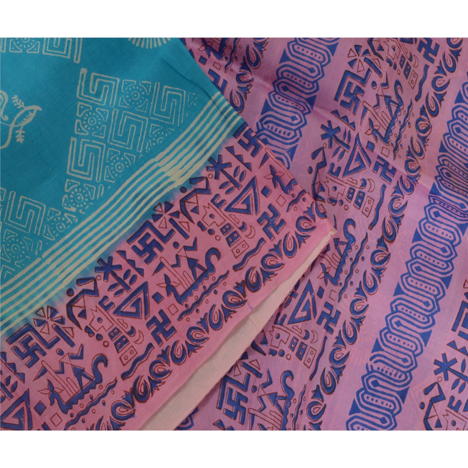 Sanskriti Vintage Saree Blue & Pink 100% Pure Silk Geometric Printed Saree Sari Soft 5Yd Craft Fabric Create-Dresses, Skirts, Projects