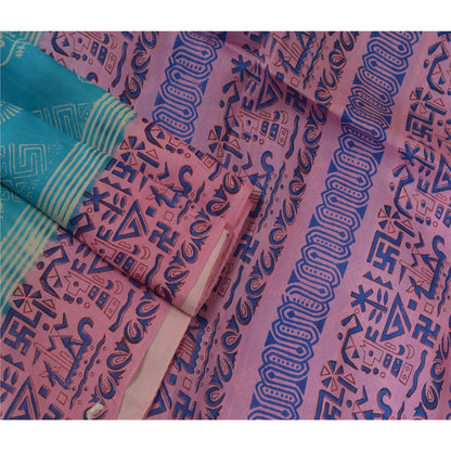 Sanskriti Vintage Sarees Blue/Pink Printed Pure Silk Sari Soft 5yd Craft Sustainable Fabric