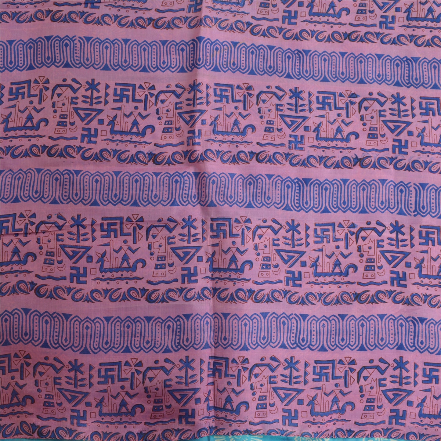Sanskriti Vintage Sarees Blue/Pink Printed Pure Silk Sari Soft 5yd Craft Sustainable Fabric