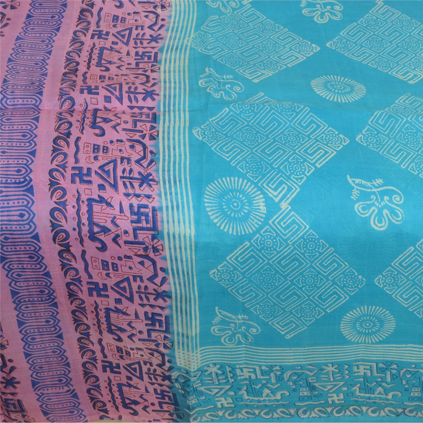 Sanskriti Vintage Sarees Blue/Pink Printed Pure Silk Sari Soft 5yd Craft Sustainable Fabric
