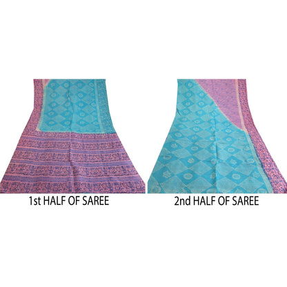 Sanskriti Vintage Sarees Blue/Pink Printed Pure Silk Sari Soft 5yd Craft Sustainable Fabric