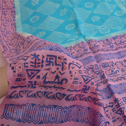 Sanskriti Vintage Sarees Blue/Pink Printed Pure Silk Sari Soft 5yd Craft Sustainable Fabric