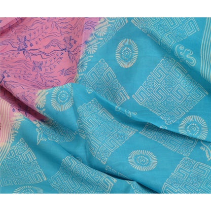 Sanskriti Vintage Sarees Blue/Pink Printed Pure Silk Sari Soft 5yd Craft Sustainable Fabric