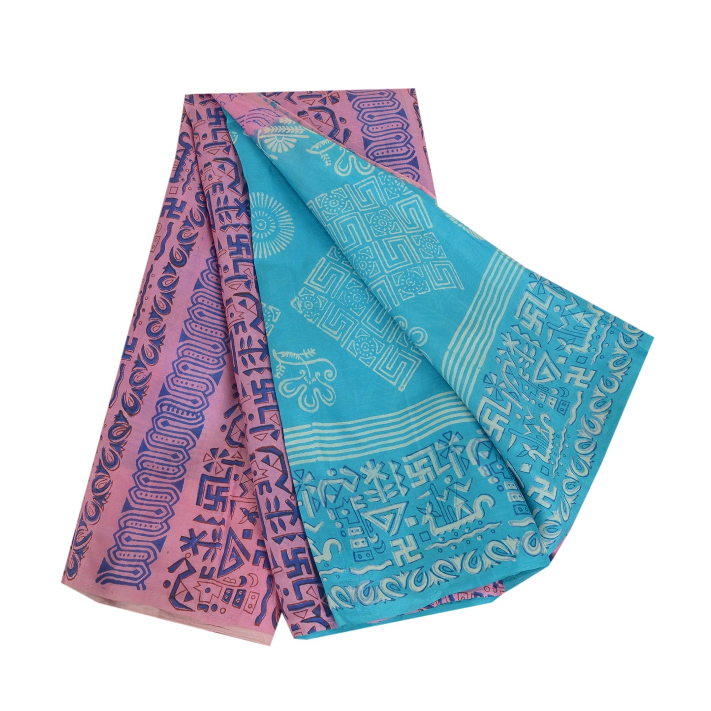Sanskriti Vintage Sarees Blue/Pink Printed Pure Silk Sari Soft 5yd Craft Sustainable Fabric