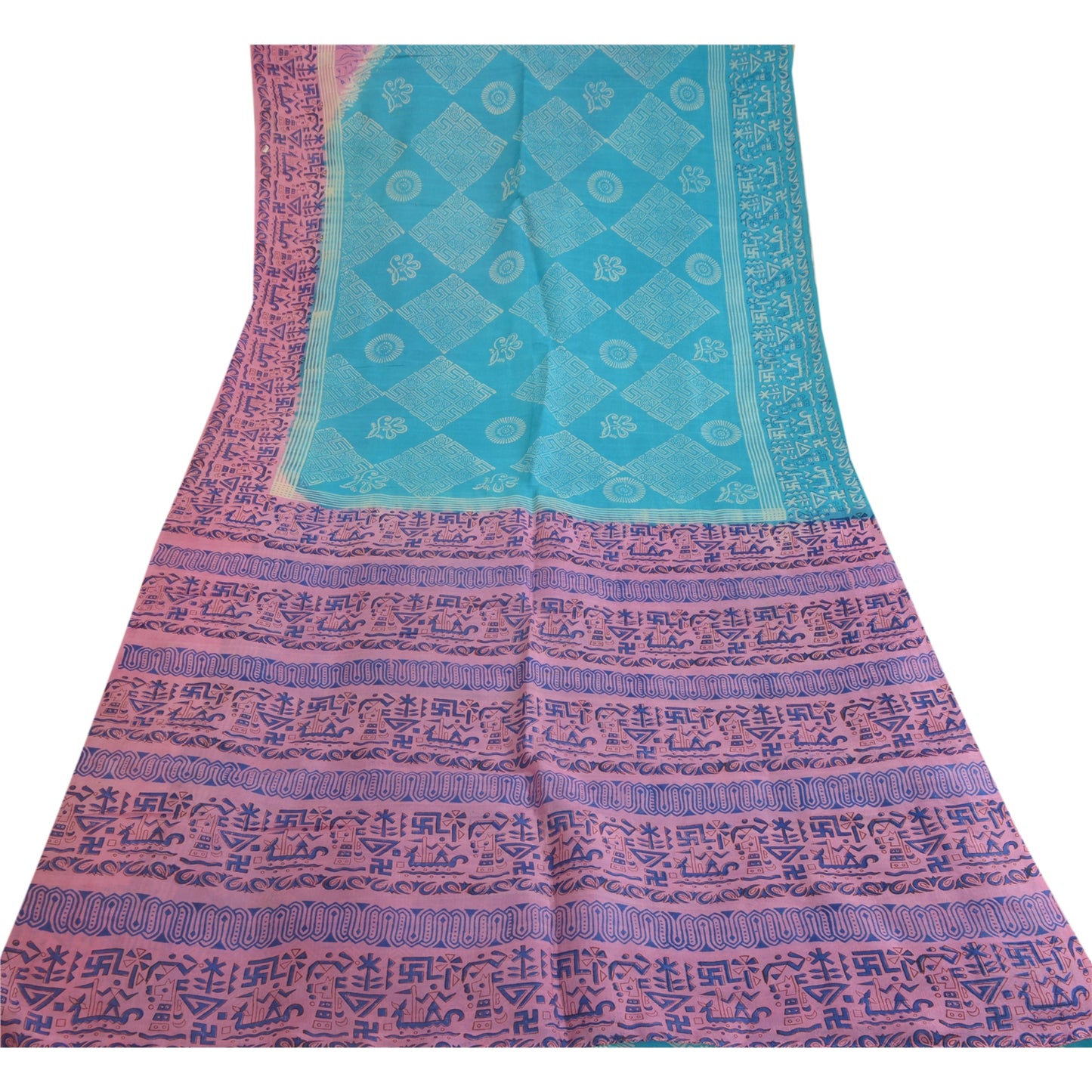 Sanskriti Vintage Sarees Blue/Pink Printed Pure Silk Sari Soft 5yd Craft Sustainable Fabric