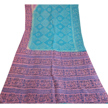 Sanskriti Vintage Sarees Blue/Pink Printed Pure Silk Sari Soft 5yd Craft Sustainable Fabric