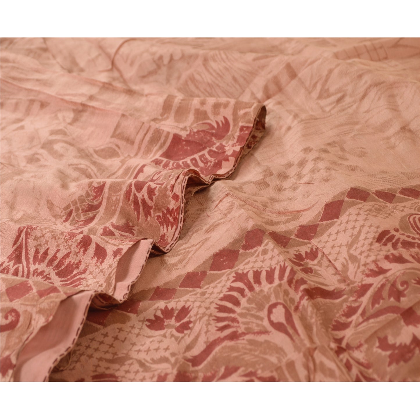 Sanskriti Vintage Sarees Peach/Red Printed 100% Pure Silk Sari 5yd Craft Sustainable Fabric